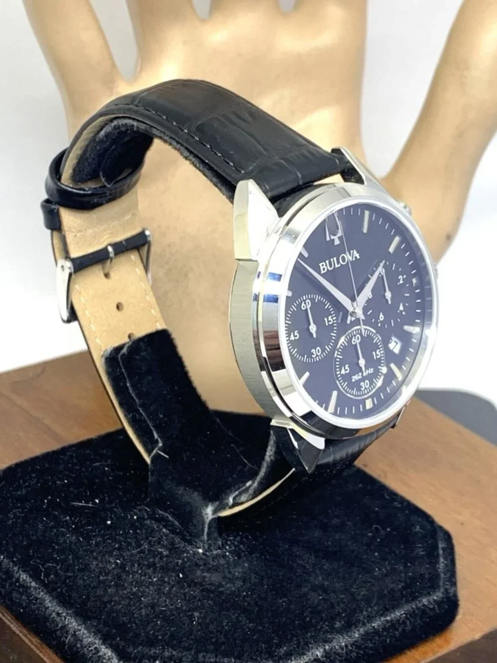 Bulova Men's Watch 96B371 Quartz Chronograph Black Dial Leather Strap 42mm